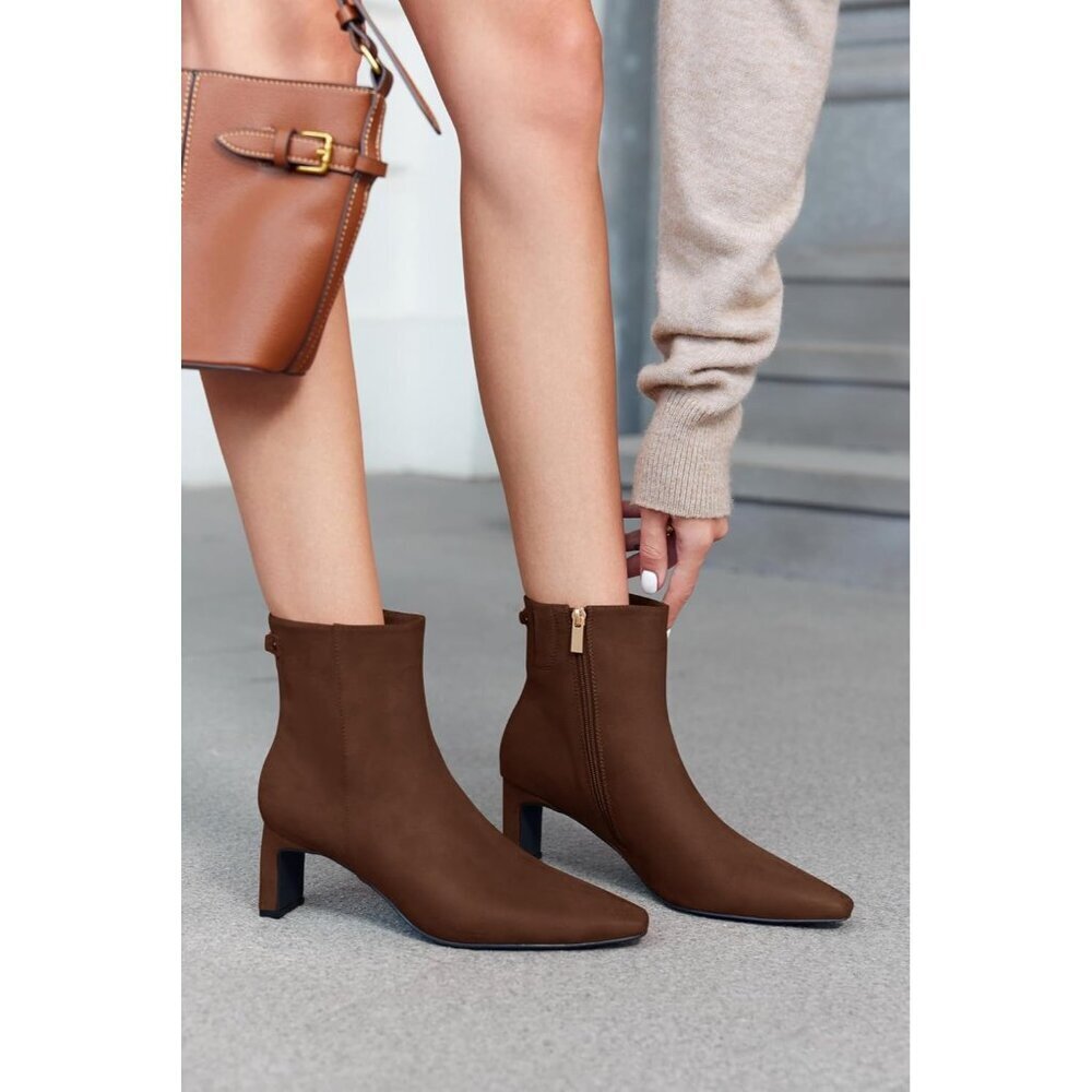 Women's Coffee Ankle Boots Chunky Heel Closed Toe Booties Side Zipper Win - Picture 2 of 5